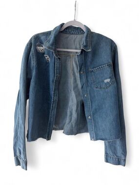 Classic Light Medium Blue Distressed Denim Shirt Crop Women Casual